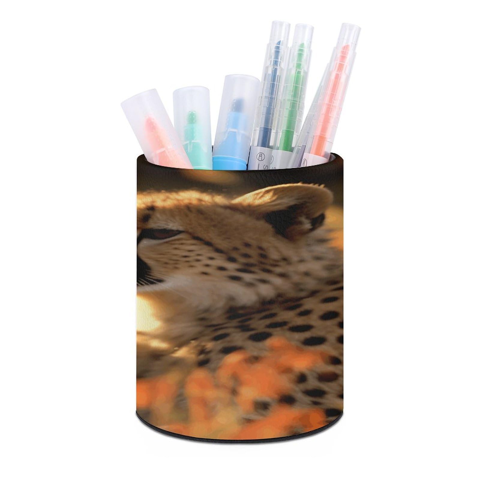 VstaDank Cheetah Love Pen Holder PU Leather Pencil Cup Minimalist Desk Pencil Holder Round Make Up Brush Organizers For Office Dorm Room&Vanity Desk Accessories
