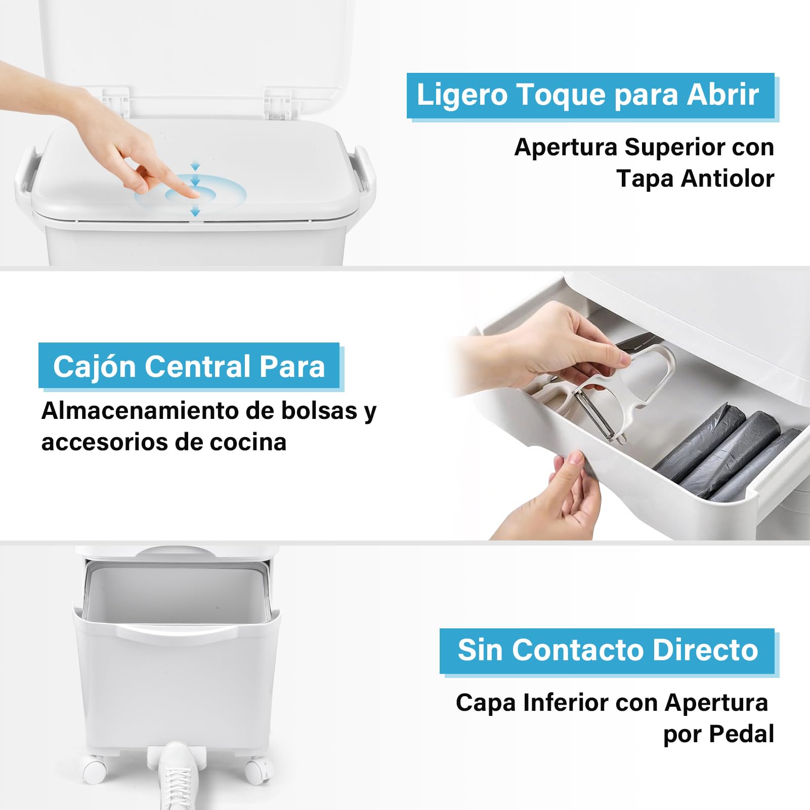 Cubo De Basura Cocina Multinivel 42L, cubo De Basura De Reciclaje Con Ruedas Bloqueables, Diseño Vertical Ahorrador Espacio, Separación Residuos Seco Húmedo, 3 En 1 Contenedor De Basuras De Cocina