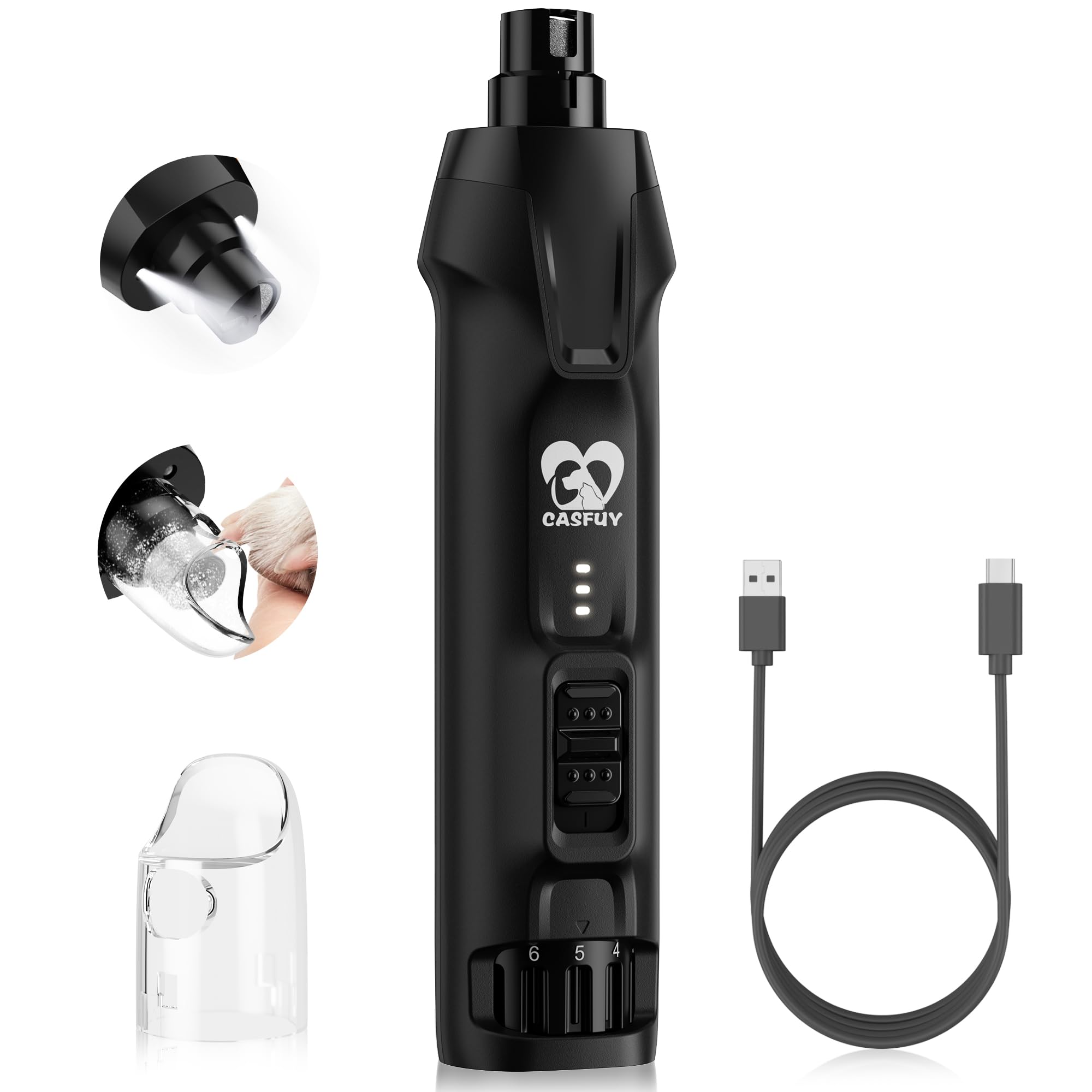 Casfuy 6-Speed Dog Nail Grinder – 50%+ Boost Power Dog Nail Trimmers Quiet with Dust Cap & 2 LED Lights & 2000mAh Battery & 4.8V Motor Electric Pet Toenail File Tool for Large Medium Small Dogs Cats
