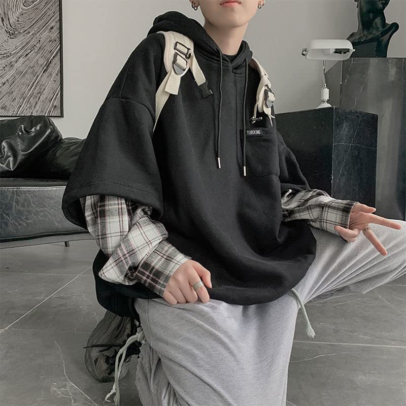 Emo Streetwear Vintage Black Hoodie Men Teen Oversized Fake Two Piece Hoodie Punk Patchwork Pullovers Grunge Clothes4