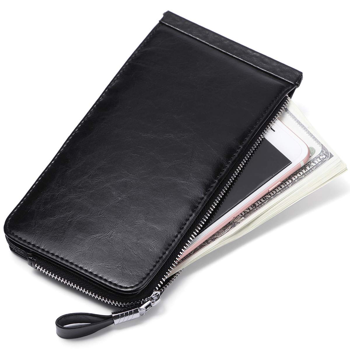 Cartera de piel auténtica para mujer, con cremallera larga con cremallera RFID, Cuero Cera Negro, Cartera Rfid 5