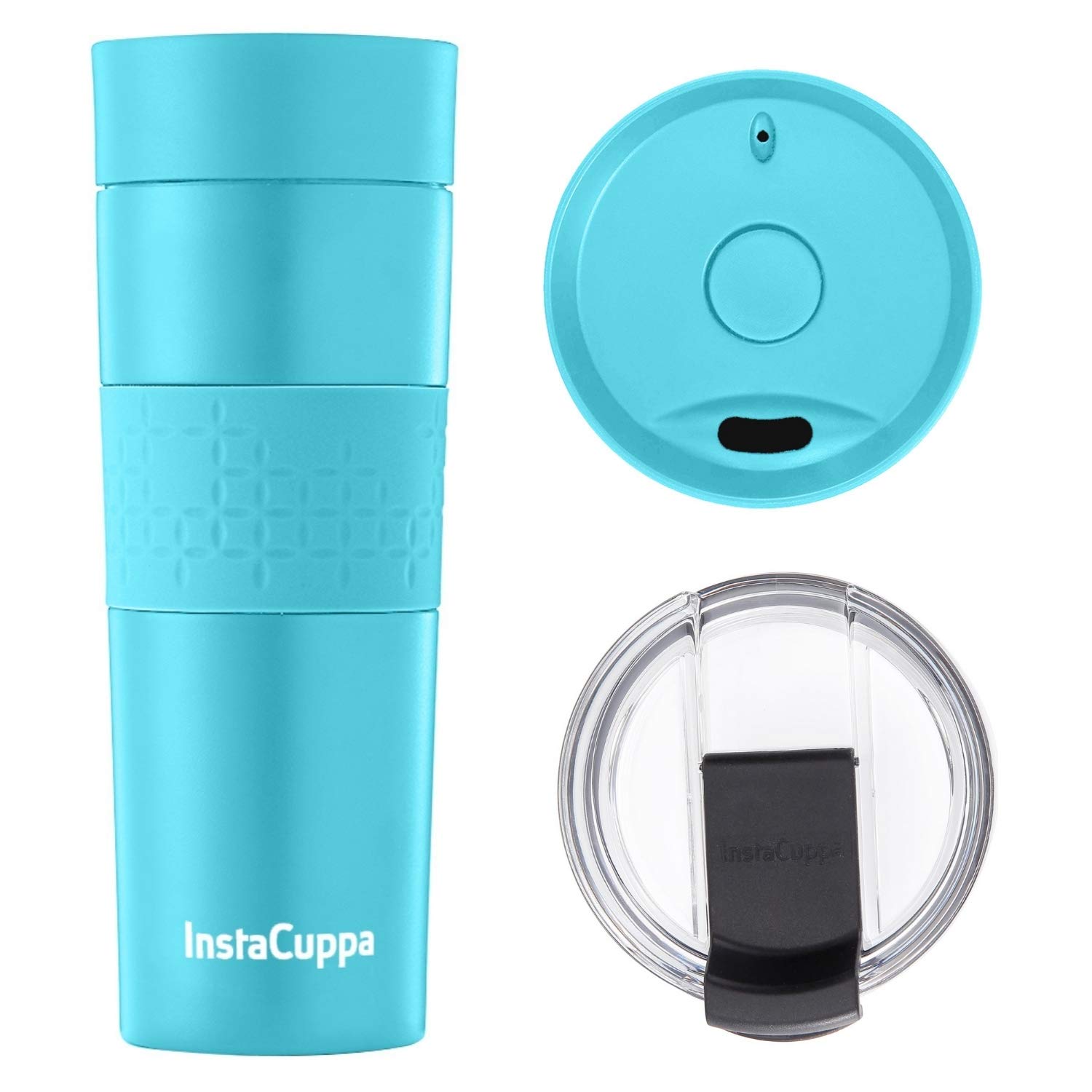 InstaCuppa Vacuum Insulated Coffee, Tea Thermos Travel Mug, Includes 2 Unique Lids, Anti-Slip Silicone Grip, 470 ML, Green