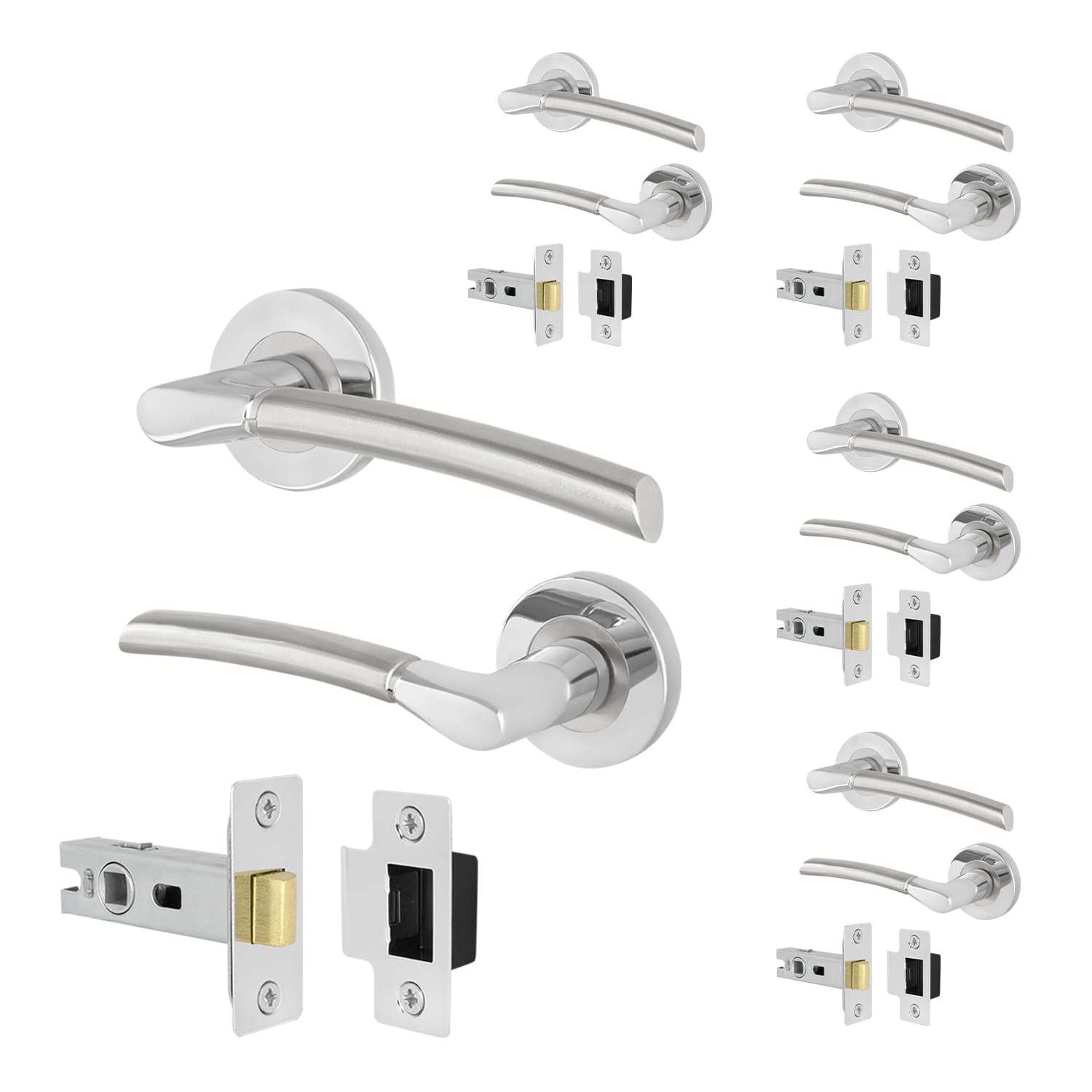 EAI Chrome Door Handle Latch Set, 5 Pairs Internal Round Rose Polished Chrome and Satin Nickel Handles, Latches 64mm - Bova
