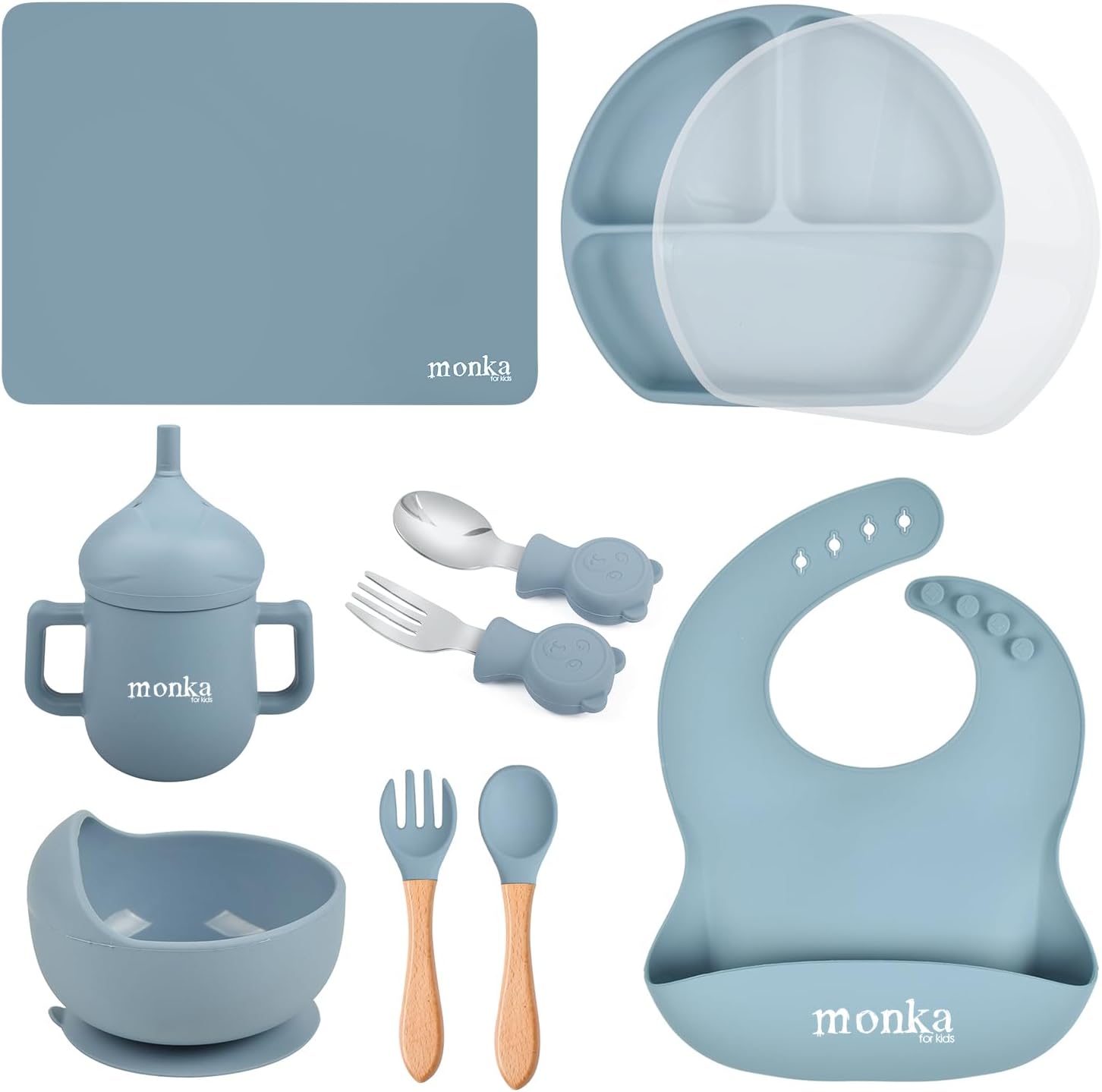 Baby Feeding Set by MONKA – weaning Set of 10 – Suction Bowl and Plate with lid – Two Pairs of Cutlery for Babies and Toddlers – 2 in 1 Drinking Cup – Adjustable bib – Table mat – BPA Free