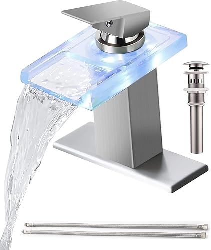 Grifo de lavabo de baño LED, cascada cromada de un solo mango para fregaderos, 1 agujero con drenaje desplegable de metal y 2 líneas de suministro