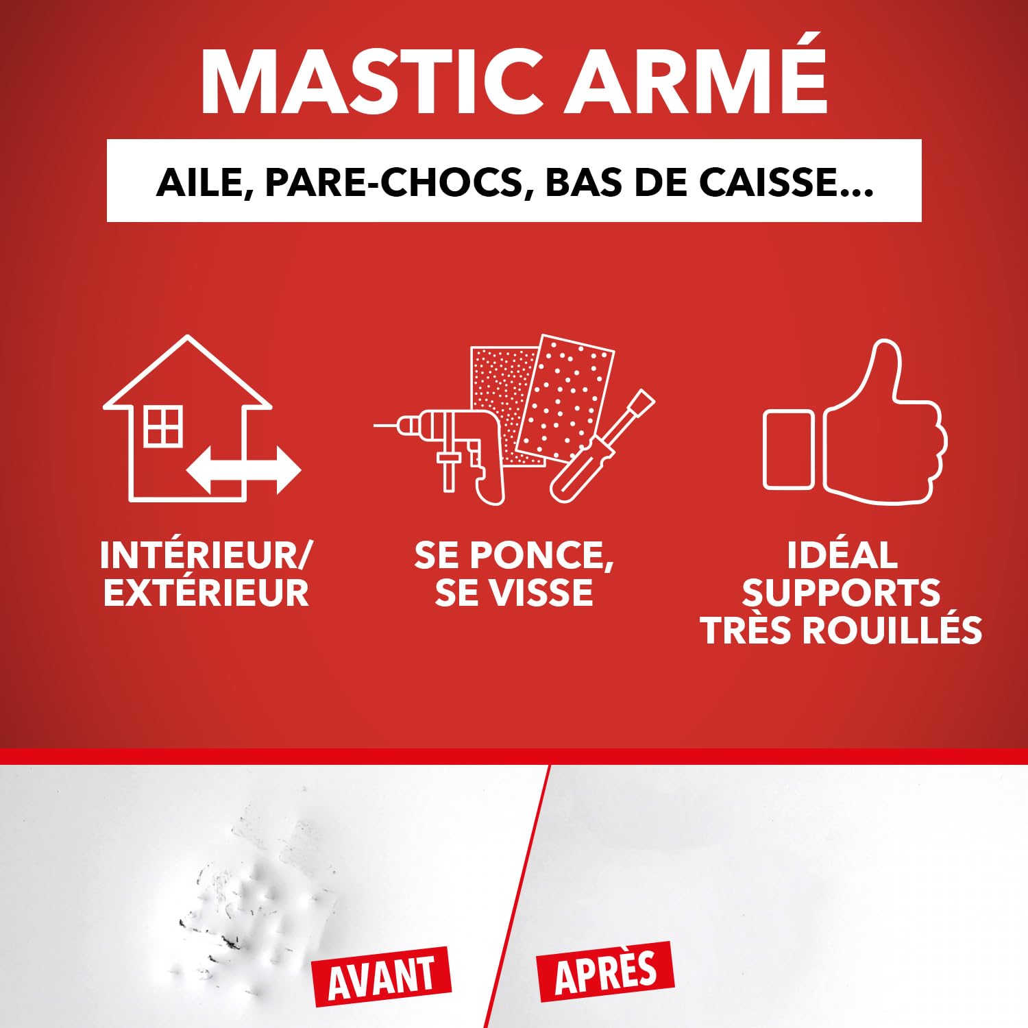 SINTO Mastic répare métal armé 500ml | Reconstitue et colmate avant égalisation, réparations en épaisseur et pièces percées, véhicules gouttières rampes et volets