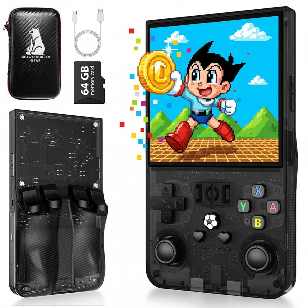 Brown Rubber Bear Consola Retro Portátil R36MAX 2026 con más de 15.000 juegos y Funda Protectora, Pantalla IPS HD de 4 pulgadas, 64 GB de Memoria, Batería de 4000 mAh hasta 6 h, Linux optimizado.