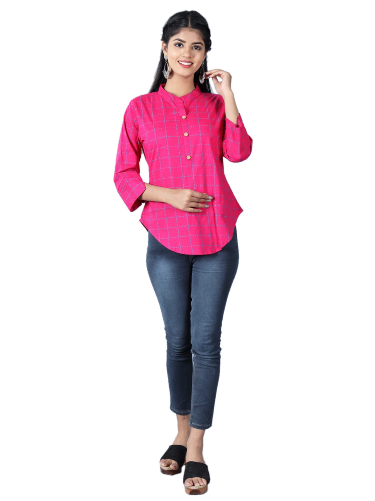 GenericCMS Enterprises Casual Printed Button Closure Women (Pink TOP_L)