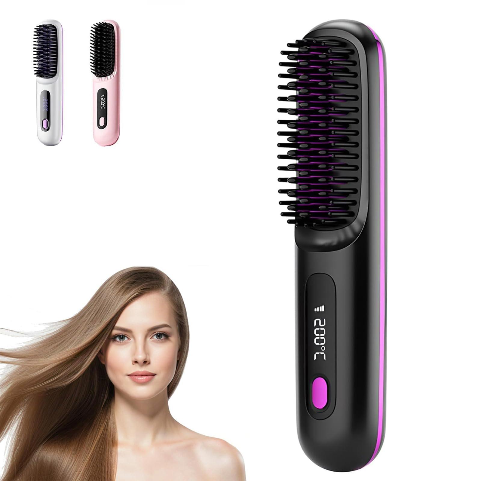 Go Brush Pro,Brosse À Cheveux Lisse Sans Fil,Brosse Chauffante Rechargeable Portable pour Affichage LED,Chauffage Rapide,brosse chauffante pour Coiffage Cheveux Voyage et Dail(noir)