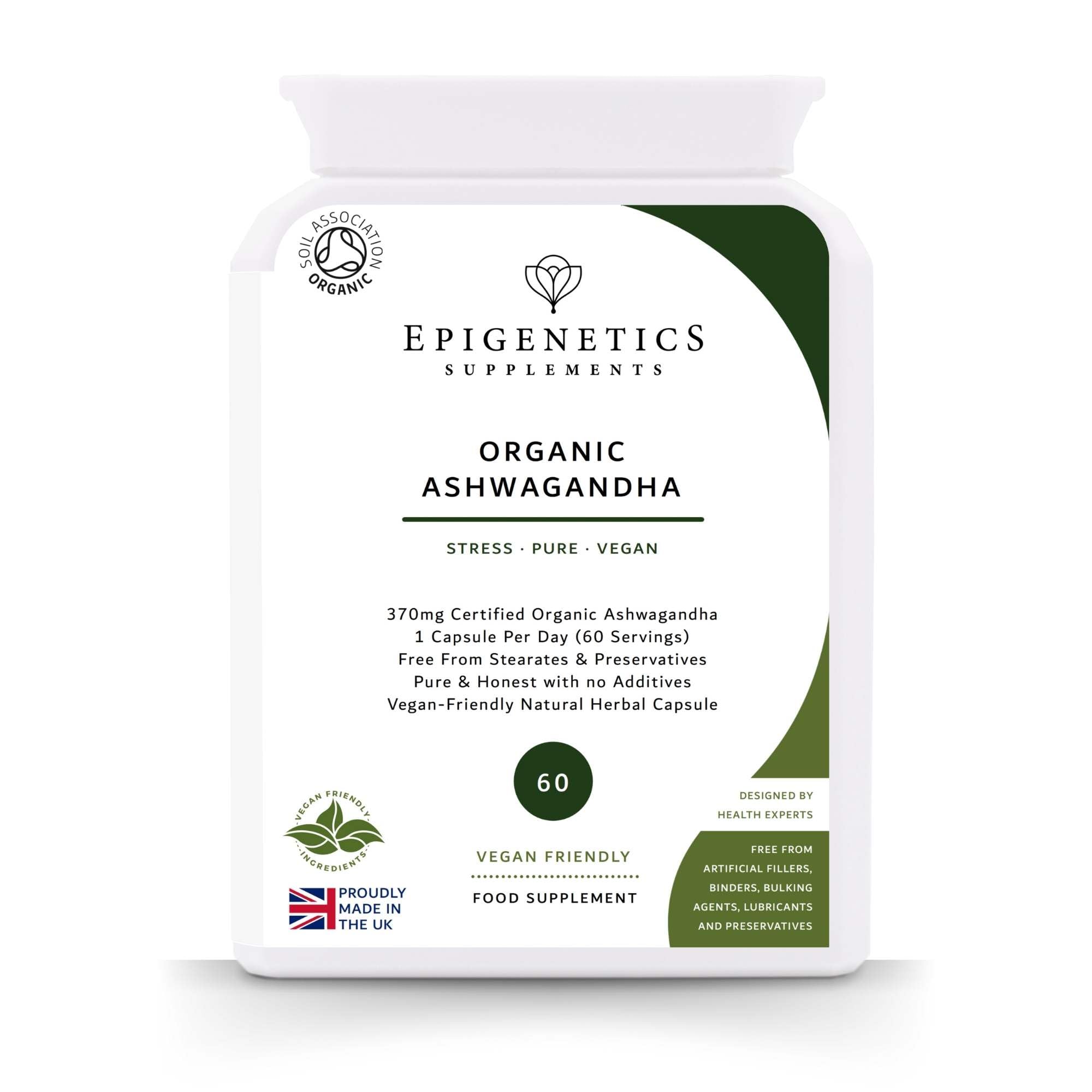 Organic Ashwagandha 370mg | Natural Withania Somnifera Herb Supplement | 60 Vegan Friendly Capsules UK Made | Long 2 Month Supply by Epigenetics Supplements