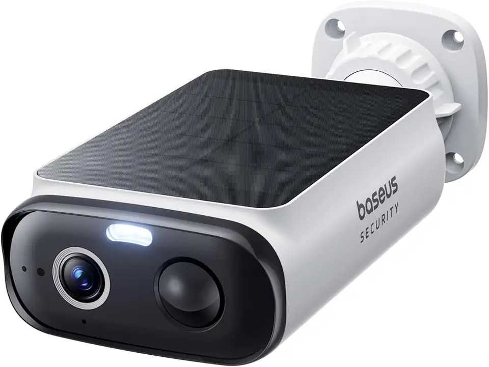 Baseus Câmeras de segurança solar S1 Lite, câmera de segurança sem fio externa, resolução 2K, energia contínua, sensor de movimento AI, visão noturna colorida, sem taxa mensal, funciona com Alexa e