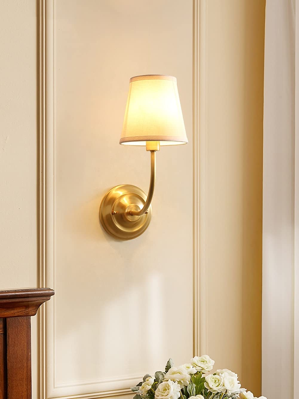 SXECAEPS European Style All Copper Wall Lamp Single Head Bent Arm Brass Sconce White Fabric Shade Brushed d Finish Light Amen Living Room Bedroom Bedside Interesting