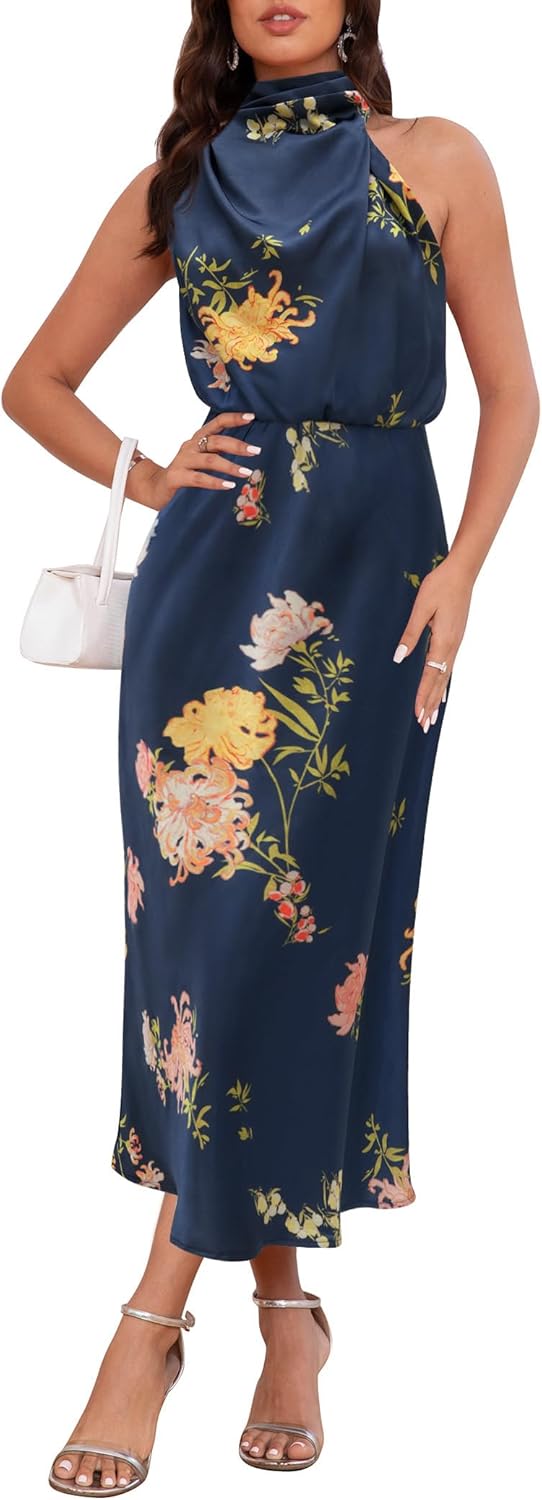 Women's 2026 Summer Satin Dress Elegant Formal Sleeveless Mock Neck Wedding Guest Cocktail Party Maxi Dresses