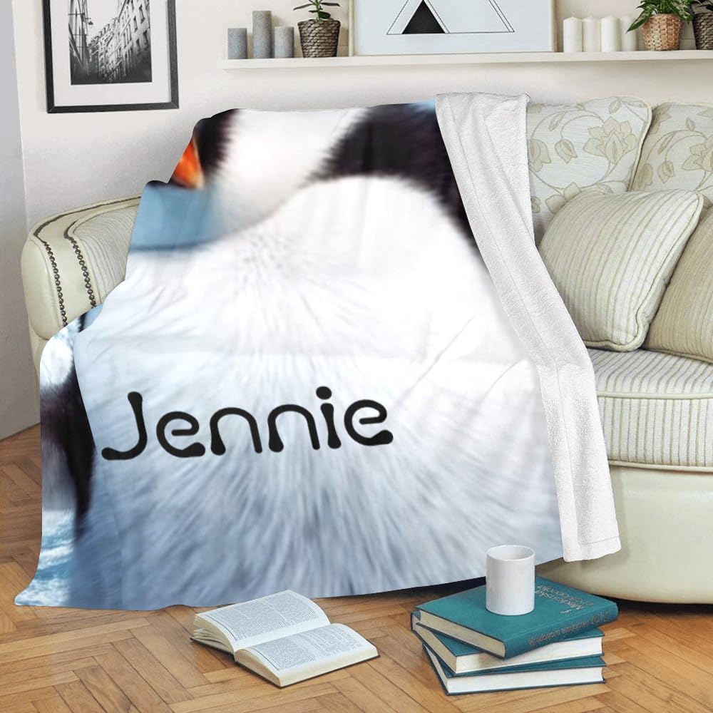 Custom Blanket with Name Text,Personalized Cute Penguin Super Soft Fleece Throw Blanket for Couch Sofa Bed (50 X 60 inches)
