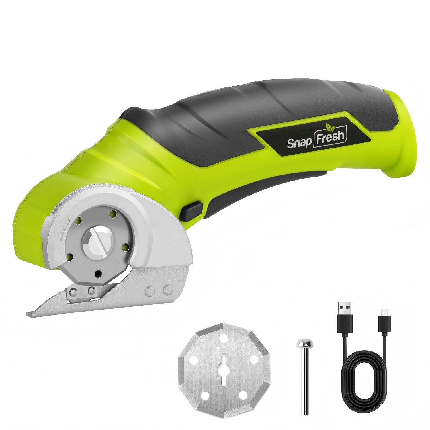 SnapFresh Cardboard Cutter 4V Rotary Cutter Cordless Electric Scissors with 2 Self-Sharpening Blades & Safety Lock for Cardboard, Package, Leather, Carpet, Plastic, Box Cutting