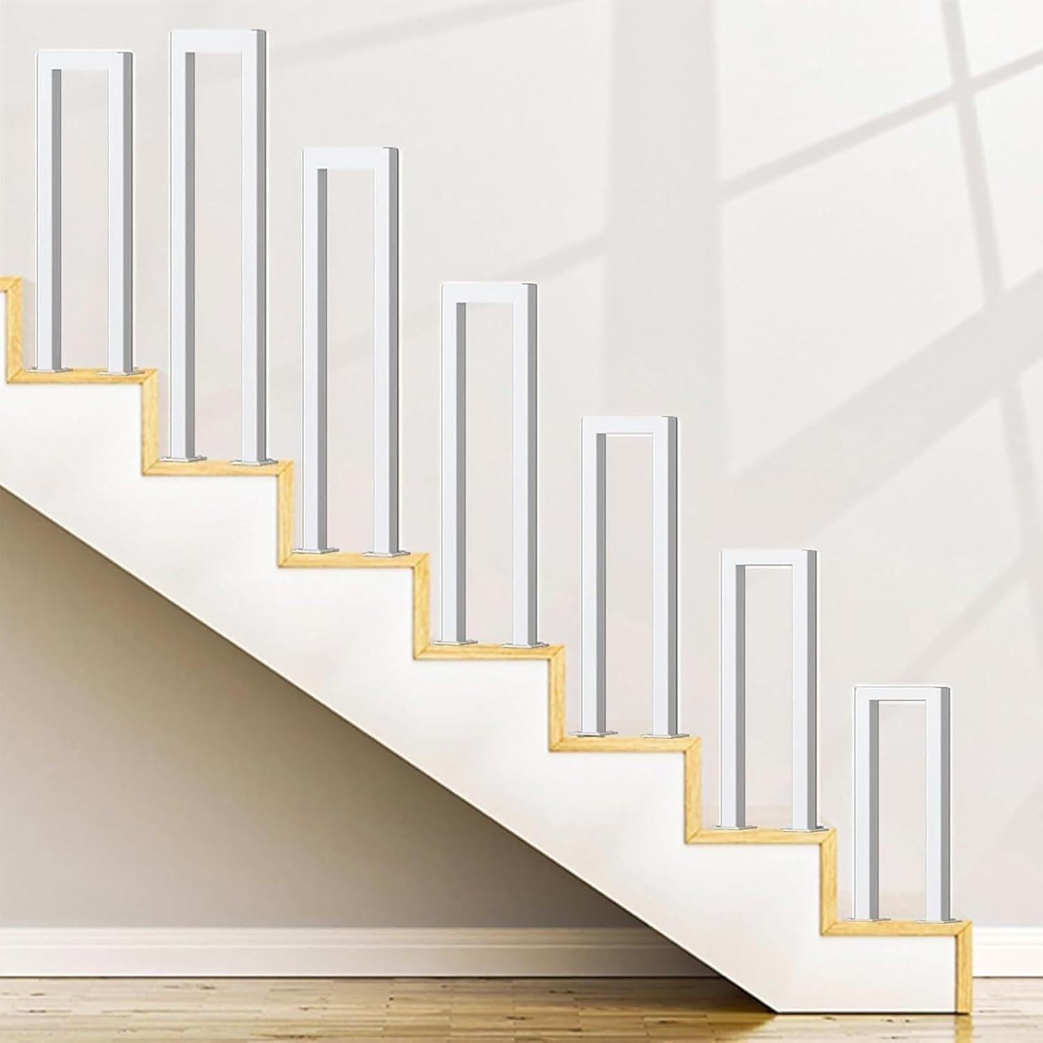 White U-Shaped Stairs Handrail, Steps Handrails for Indoor Outdoor, Square Transitional Railing Handrails, for Concrete, Brick or Wooden Steps, with Installation Kit(85CM/2.7FT)