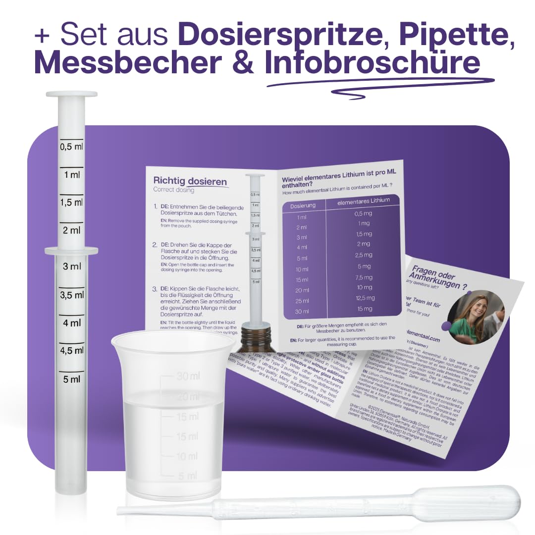 Lithium Orotat > 99 % pur 500 ml | 1 ml contient 0,5 mg de lithium élémentaire = 500 PPM | avec gobelet doseur de 30 ml et pipette | testé et certifié en laboratoire