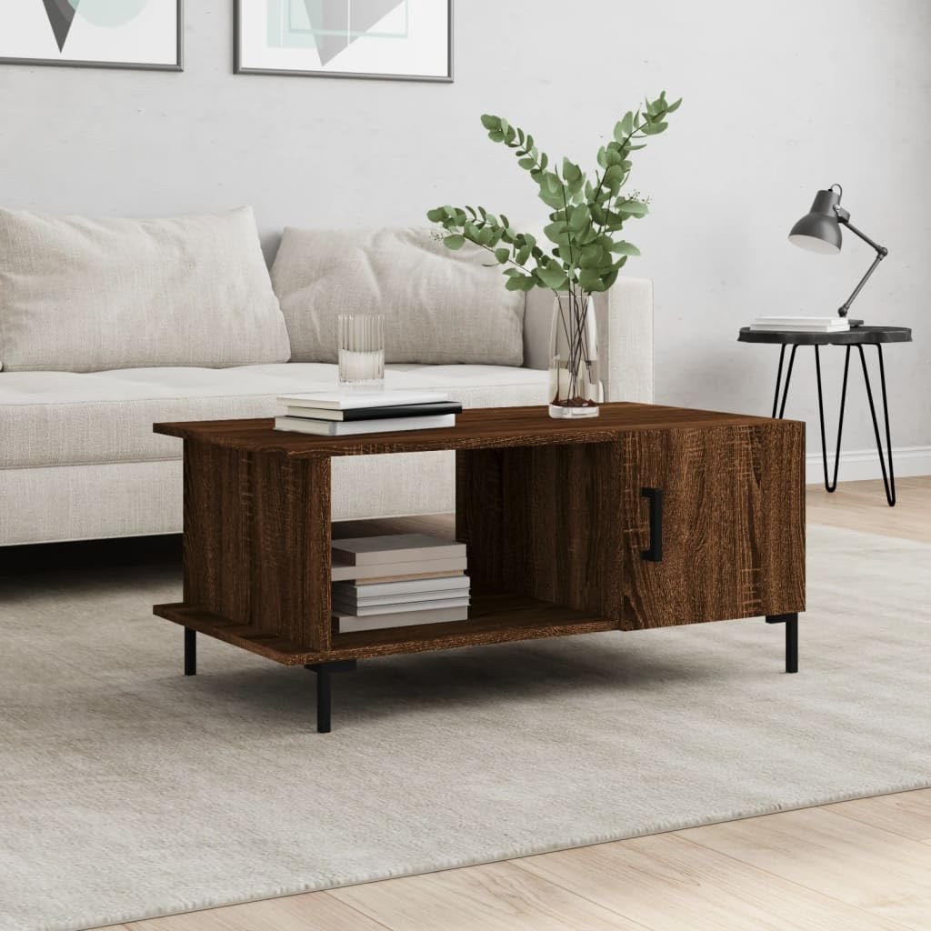 Table basse marron 90x50 cm anti-désordre avec étagère basse et pieds en fer stables