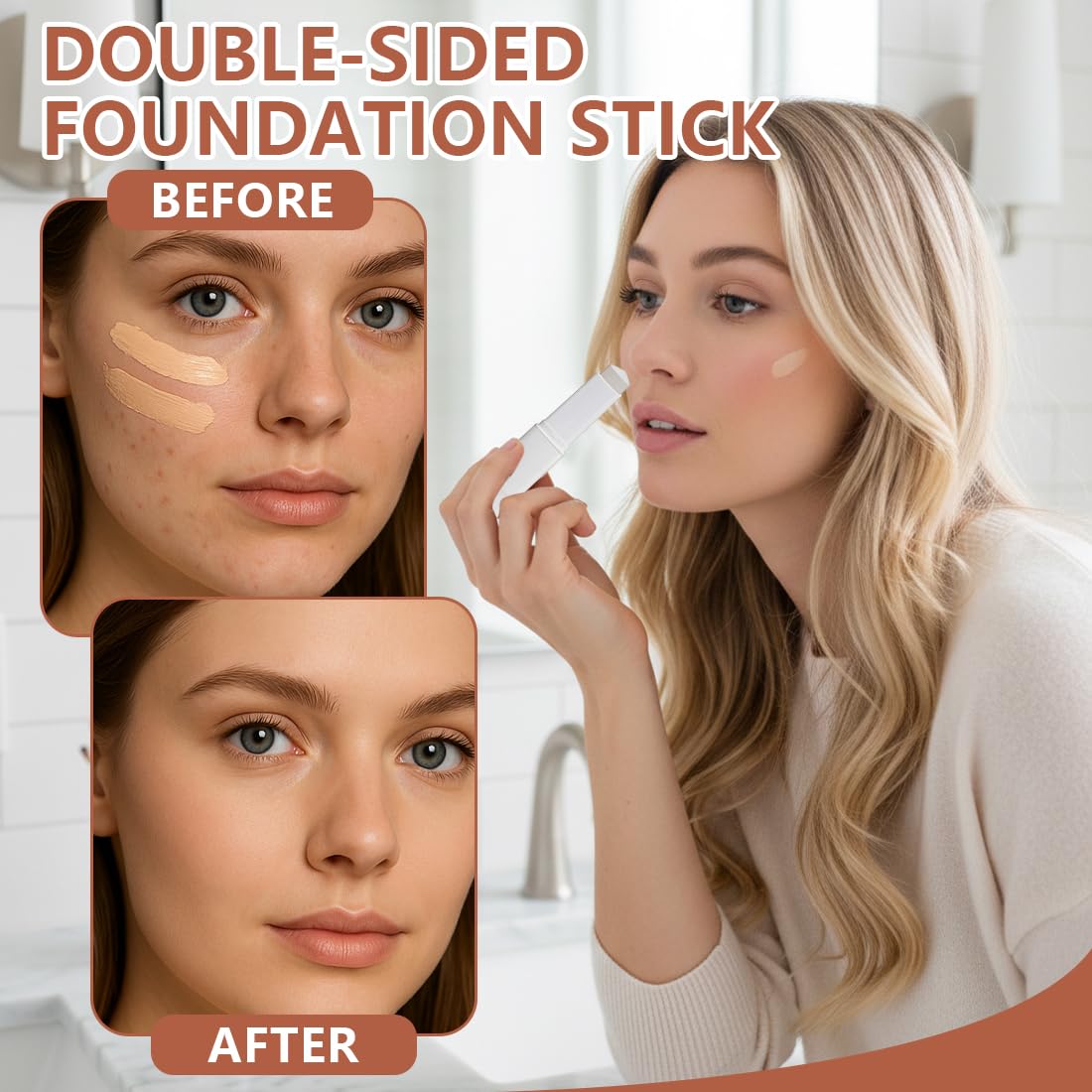 Barra de Base de Maquillaje con Cambio de Color – Tono Blanco, Base de Maquillaje Coreana Aclarante con Pincel, Stick Iluminador de Cobertura Ligera, Incluye 2 Esponjas — view 5