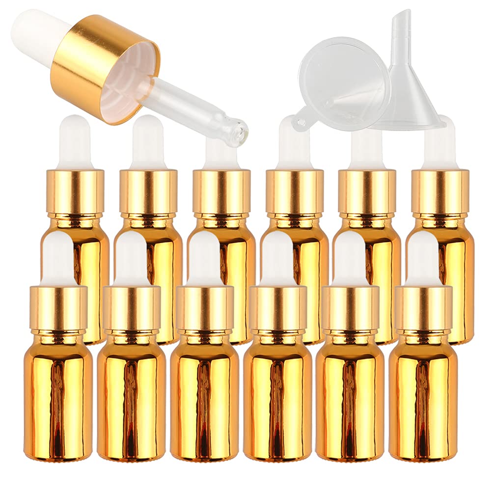 12 Pezzi 10 ml Bottiglie Contagocce in Vetro Oro con Pipetta Tappo a Vite Oro per Oli Essenziali, Contenitori di Aromaterapia, Cosmetici