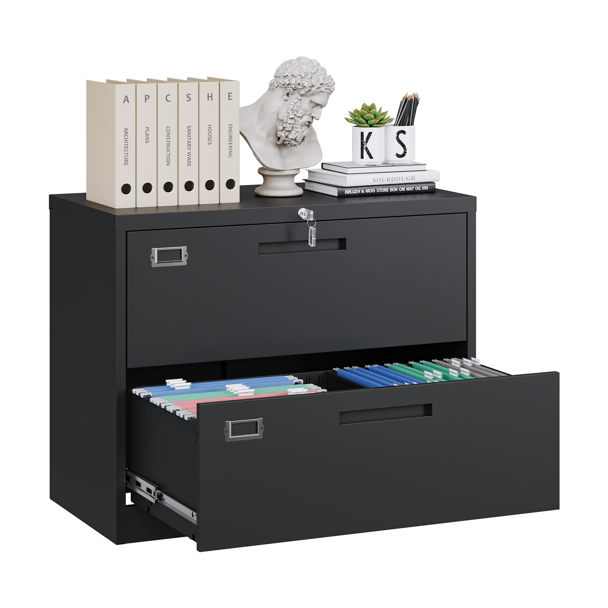 Yizosh2 Drawer Black File Cabinet with Lock, Filing Cabinet for Home Office, Metal Locking Office File Storage Cabinet with Drawers, Lateral Filing Cabinet Organizer for Letter/Legal/F4/A4