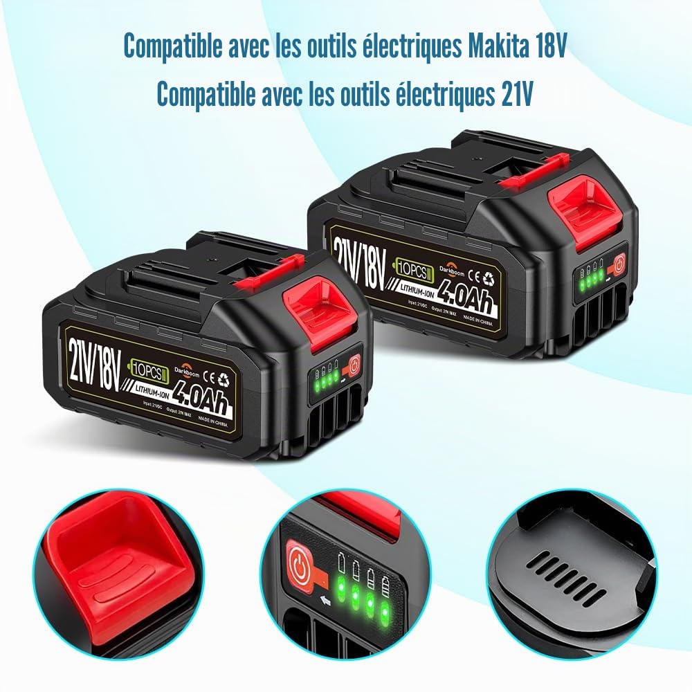 2 pièces 21 V 4,0 Ah Batterie pour outils électriques, batteries pour taille-haies, tondeuses, souffleurs à feuilles, taille-haies, aspirateurs à feuilles, nettoyeurs haute pression, coupe-bordures