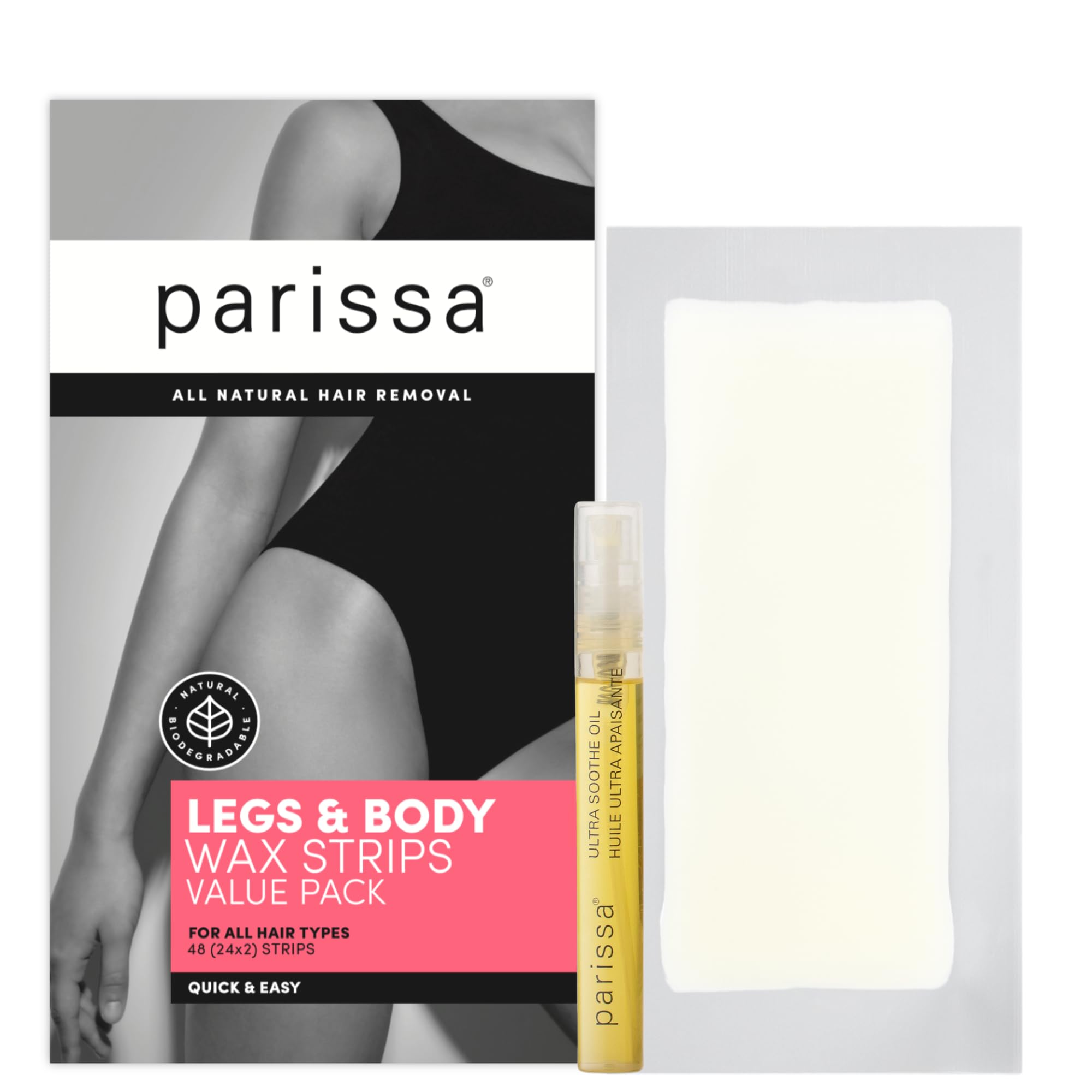 ParissaLegs & Body Wax Strips Kit Value Pack for Body Hair Removal | Ready-to-Use Large Wax Strips for At-Home Hair Removal | Includes Post-Wax Ultra Soothe Oil | 48 Strips (24 x 2)