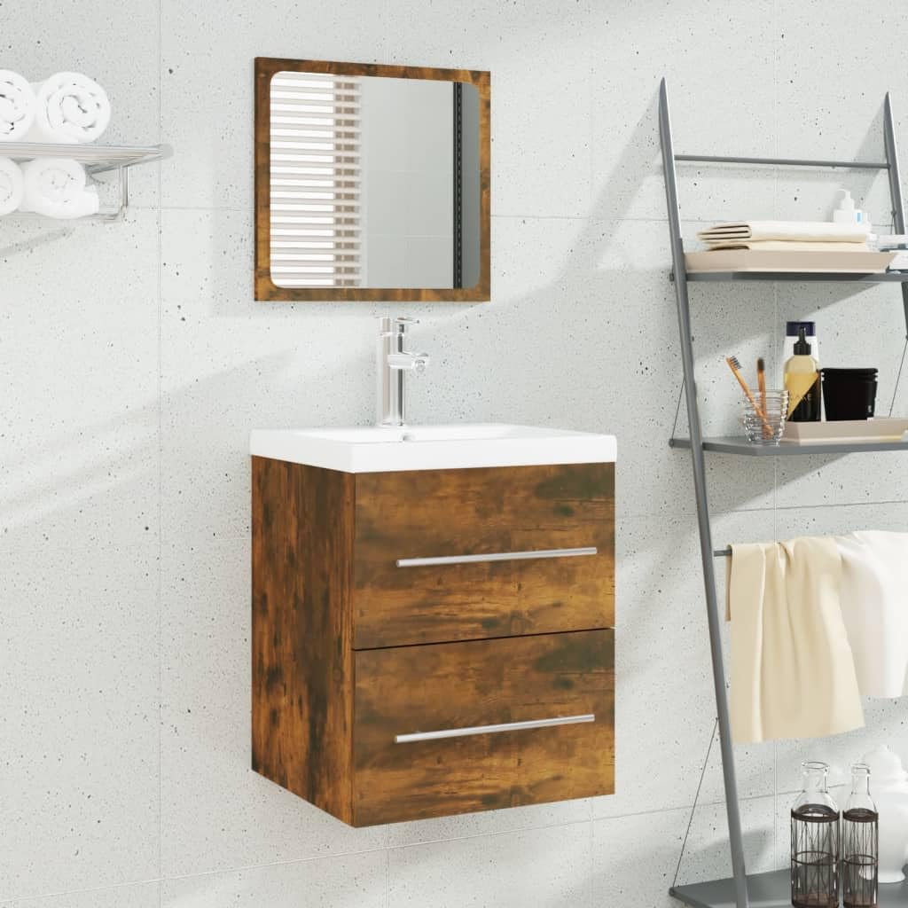 Armario de lavabo con lavabo empotrado, roble ahumado, cajón de almacenamiento, montaje en pared, muebles de baño, rebosadero