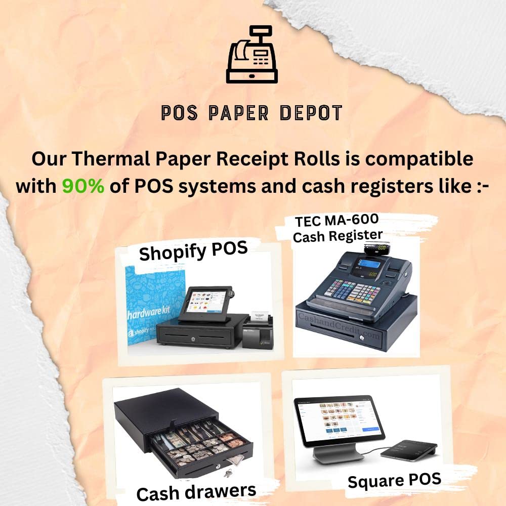 Thermo-Bonpapierrollen, BPA-frei, 50 Rollen, passend für alle Kreditkartenterminals, Square Terminal, Epson TM-T20II, Star Micronics TSP100, Bixolon SRP-350, 50 Rollen