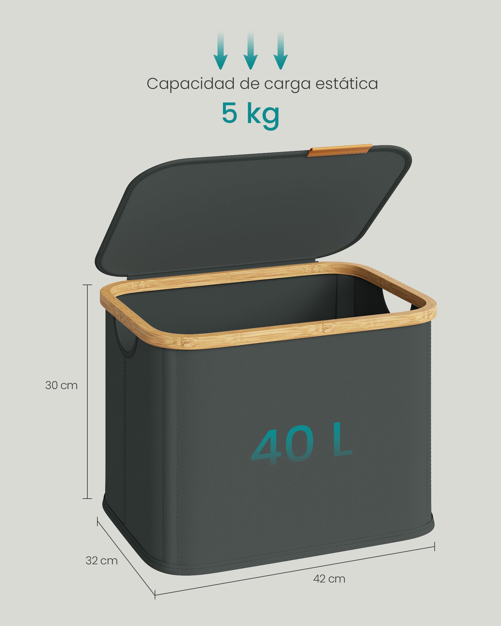 SONGMICS Cesto de Ropa con Tapa, Recogedor de Colada, Ahorra Espacio, Tejido de Oxford, Plegable, Marco de Bambú, Lavadero, Dormitorio y Salón, 40 L, 42 x 32 x 30 cm, Gris Pizarra LCB516GN01