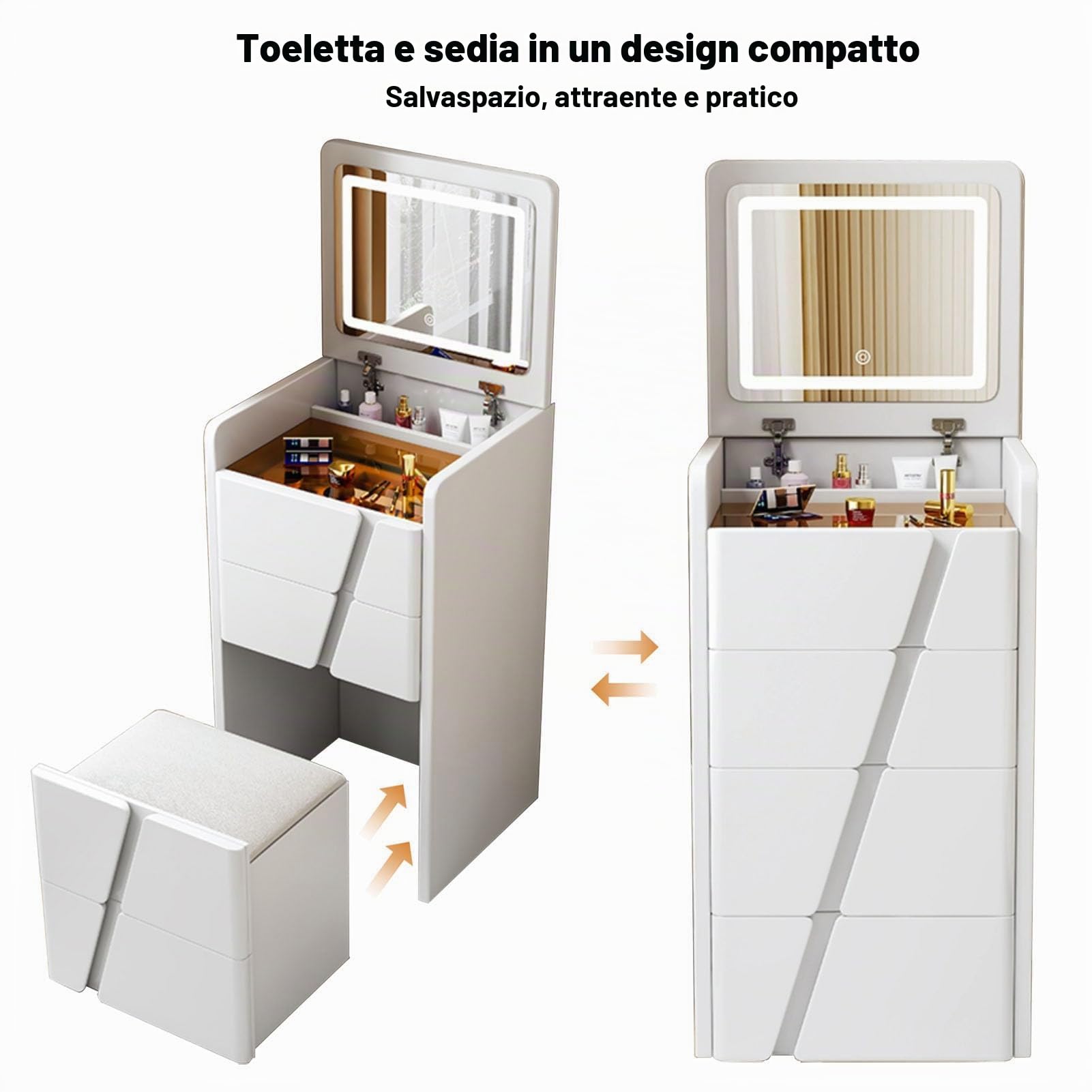 Scrivania da Trucco 3 in 1, Toeletta Trucco con Specchio Pieghevole e Luce LED Regolabil di Luminosità, Postazione Trucco Moderno con 4 Cassetti e Sgabelli Imbottiti, Bianco