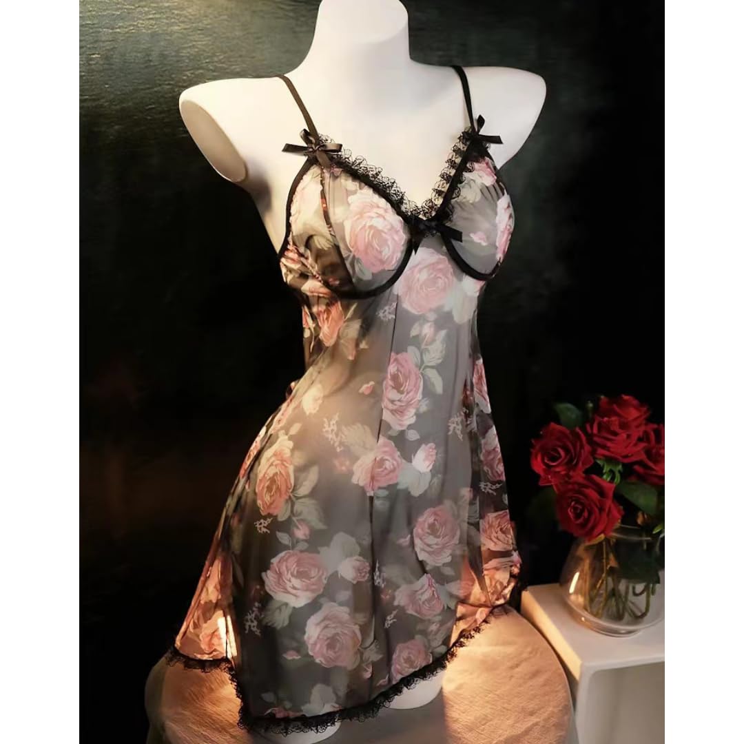 Sexy outfit Komplet bielizny damskiej Seksowna bielizna nocna typu babydoll Kwiatowy nadruk w róże Siateczkowa koszula nocna V Neck Prześwitująca miękka koszulka Bielizna nocna ze sznurkiem G