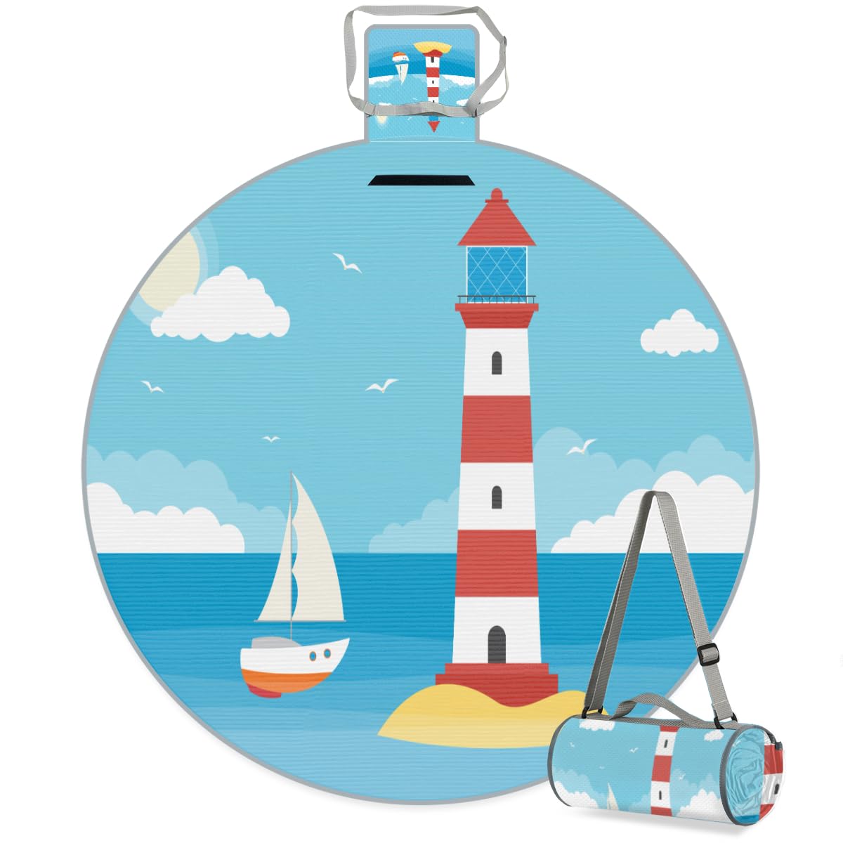 Shimoshe Ocean Lighthouse Picnic Outdoor Blanket Foldable Waterproof Sandproof Beach Blanket Portable Water-Resistant Round Picnic Mat for Travel Camping Park Lawn