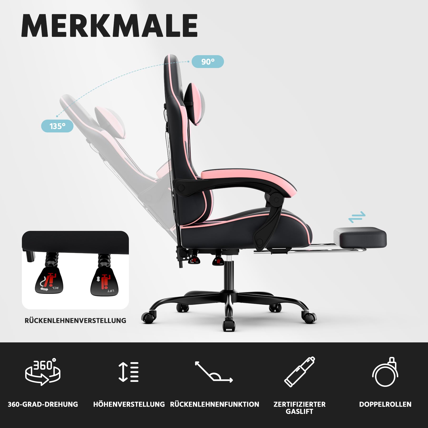 Silla para videojuegos, ergonómica con reposapiés, silla de gaming, reposabrazos ajustables, silla de oficina ergonómica con soporte lumbar, negro/gris (negro-rosa)