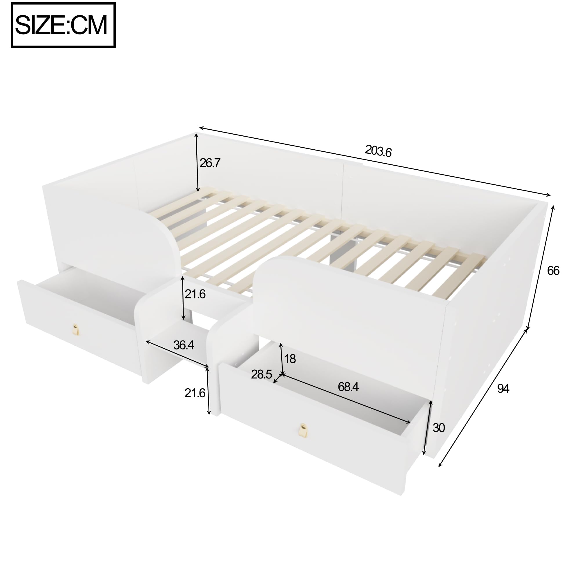 Lettino Singolo 90x200 con Due Cassetti e Piccolo Gradino Letto con Cassetti con Sponde Alte a Barre e Rete di 15 Doghe Letto in Legno in Compensato e MDF per Camera Bianco