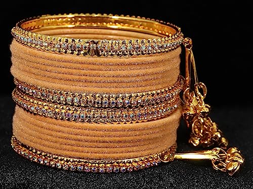 Image of NMII Metal with Zircon Gemstone and Velvet Studded Bells Latkan Bangles Set For Girls and Women I Latkan Bangles, Premium Bangle Bracelet Set I Pack of 16 Bangles