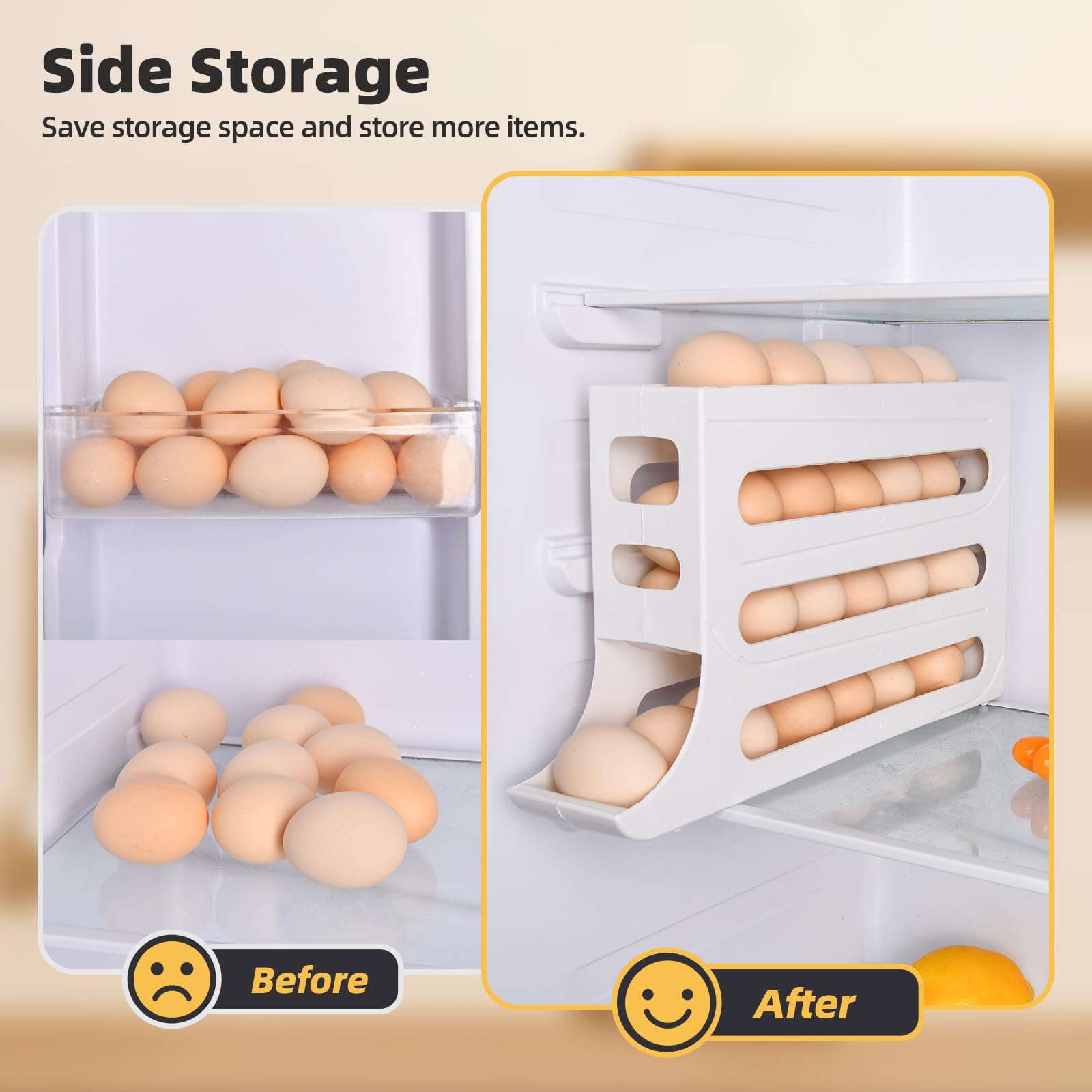 Soporte para 30 huevos para refrigerador, organizador de huevos con ruedas automáticas de 4 niveles para refrigerador, organizadores de refrigerador y almacenamiento (blanco) 3