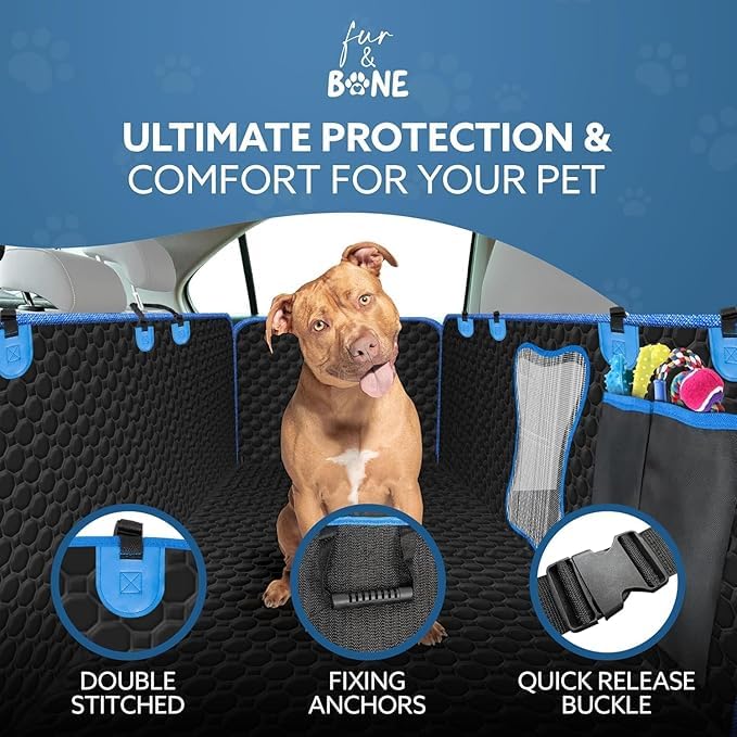 Image of Dog Car Seat Cover -Scratchproof Protector -Waterproof Backseat Cover for Cars -Nonslip Dog Accessories with Mesh Window-Universal Fit for Cars, Trucks, SUVs (Blue, Flat Bone Mesh)