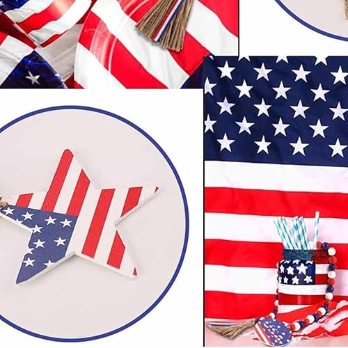 Miniatura 6 de CYee Guirnalda de cuentas de madera patriótica del 4 de julio con borlas rústicas para colgar en la pared con bandera americana con etiqueta de