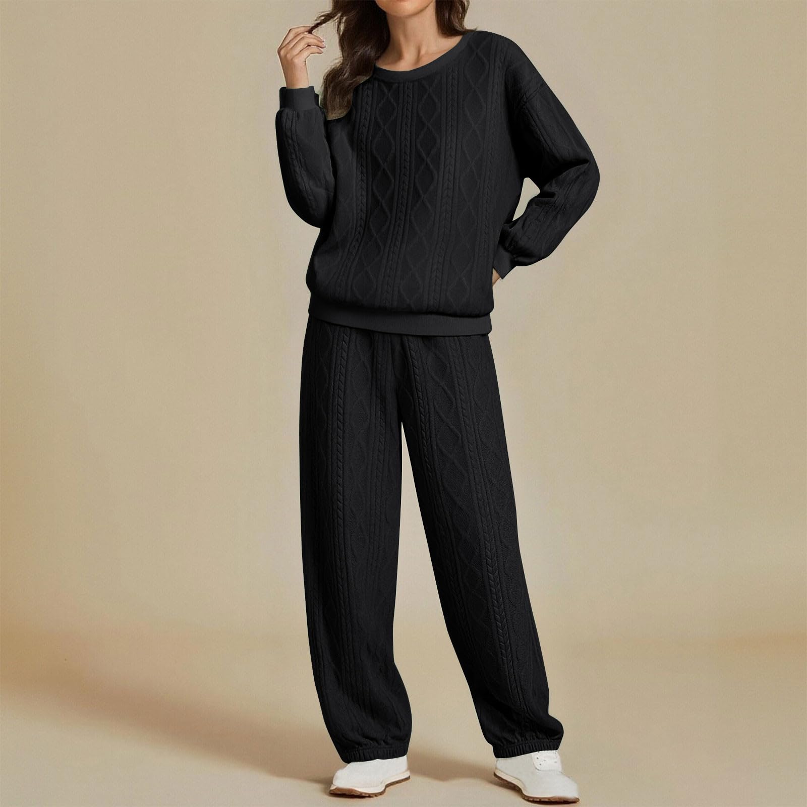 Conjunto de chándal para mujer, sudadera y pantalones deportivos de punto trenzado con cuello redondo y pantalones deportivos, ropa de descanso, ropa de gimnasio, entrenamiento, conjunto de 2 piezas