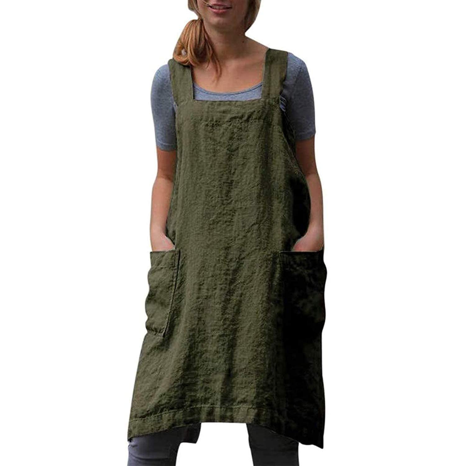 Amlztr Women's Pinafore Apron Cross Back Apron with Pockets Cotton Linen Apron Dress Plus Size โ image 1
