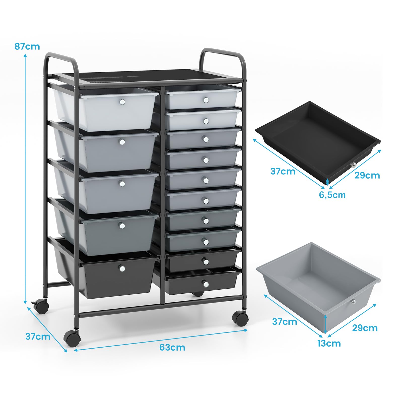COSTWAY Carrello con 15 Cassetti Impilabili, Carrello di Stoccaggio con Ruote, Carello Portaoggetti per Casa e Ufficio, 63 x 37 x 87 cm (Nero 2)