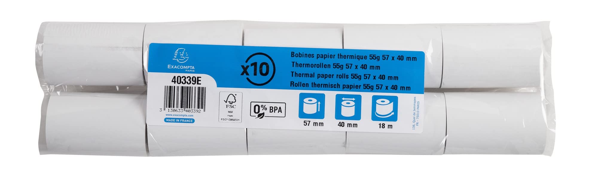 Exacompta Bobines pour tickets de carte bancaire 57 mm x 40 mm thermique 55g/m² 18 m Blanc