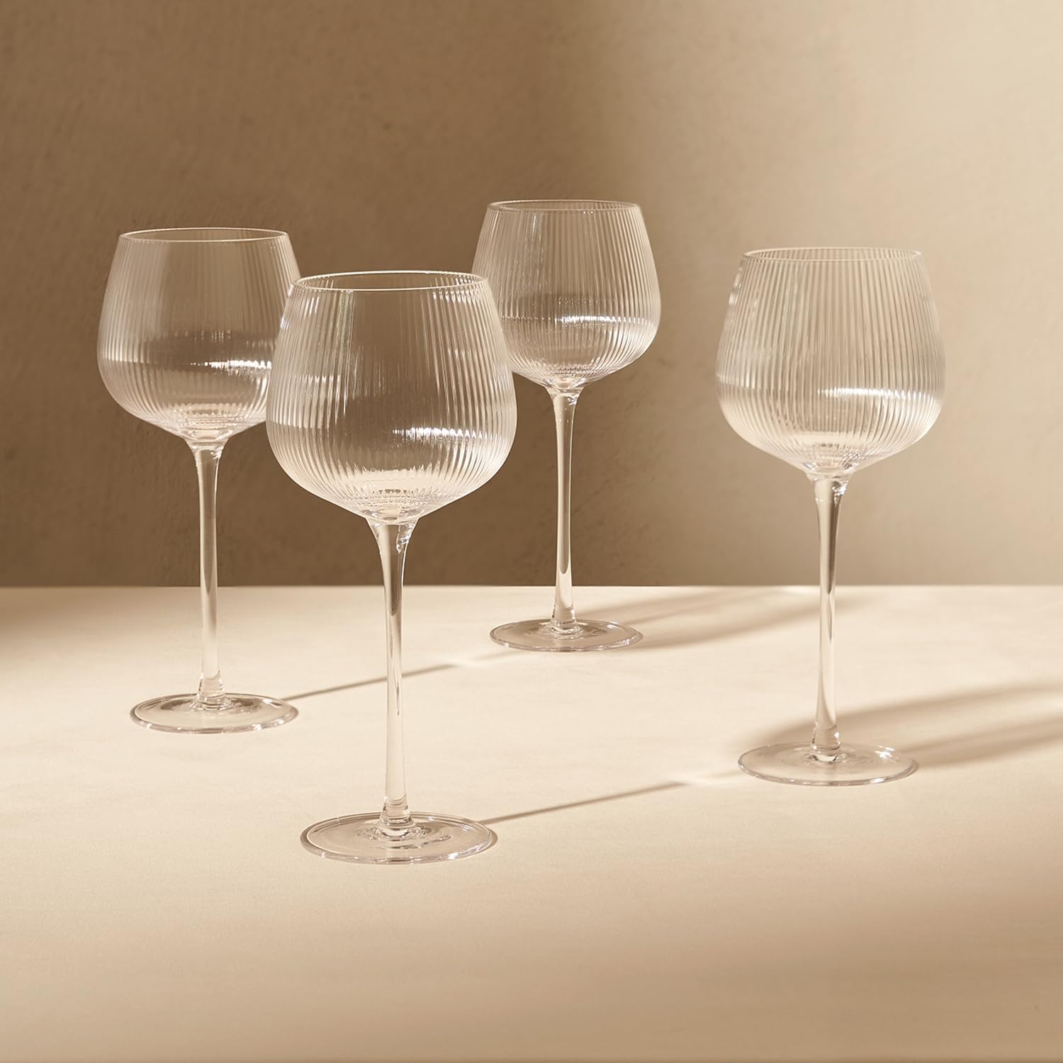 mopio Mellow Fluted Wine Glasses Set of 4, 14 oz, Dishwasher Safe, Elegant Barware for Wedding, Party and Brunch, Classic & Everyday Drinkware in Eco-Friendly Packaging, Soda-Lime Glass (Clear)