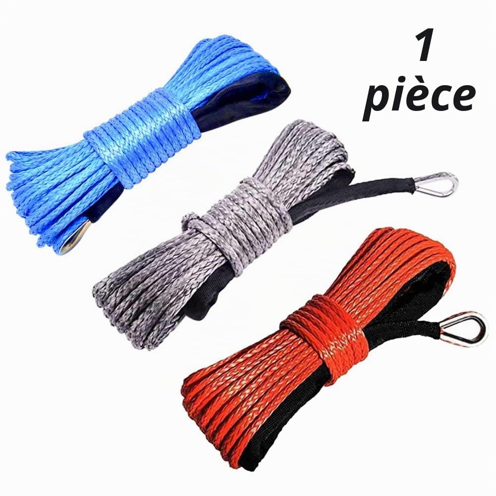 Faderr Corde de treuil synthétique de 6 mm x 15 m avec gaine pour ATV, UTV, SUV, camion, bateau - Rouge, Bleu, Gris - Polyéthylène à poids moléculaire ultra élevé - 3492,7 kg