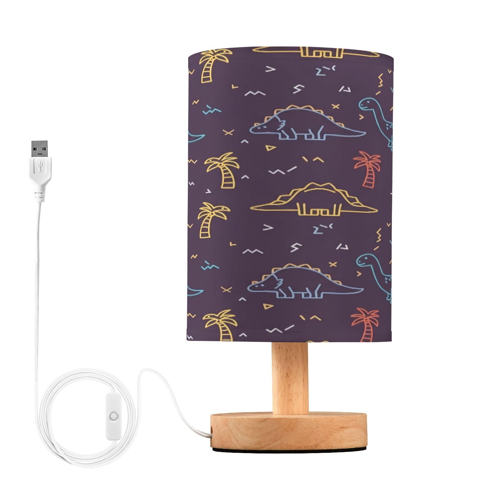 Cgiub Dinosaur Palm Tree Bedside Table Lamp for Bedroom LED Nightstand Lamp with Wood Base & USB Port Linen Shade Desk Light for Nursery Decor