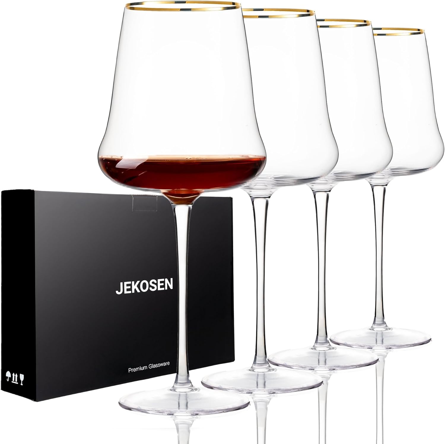 JEKOSEN New Red Wine Glasses With Gold Rim Set of 4 Long Stem Clear Wine Glasses Premium Crystal Gift for Christmas, Birthday, Anniversary or Any Special Occasion 23 Ounce