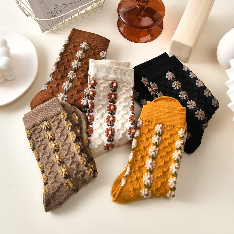 Tooe 5 Pairs Floral Socks Y2K Vintage Embroidered Patterned Crew Cotton Socks Ankle Ruffled Warm Knit Dress Socks2