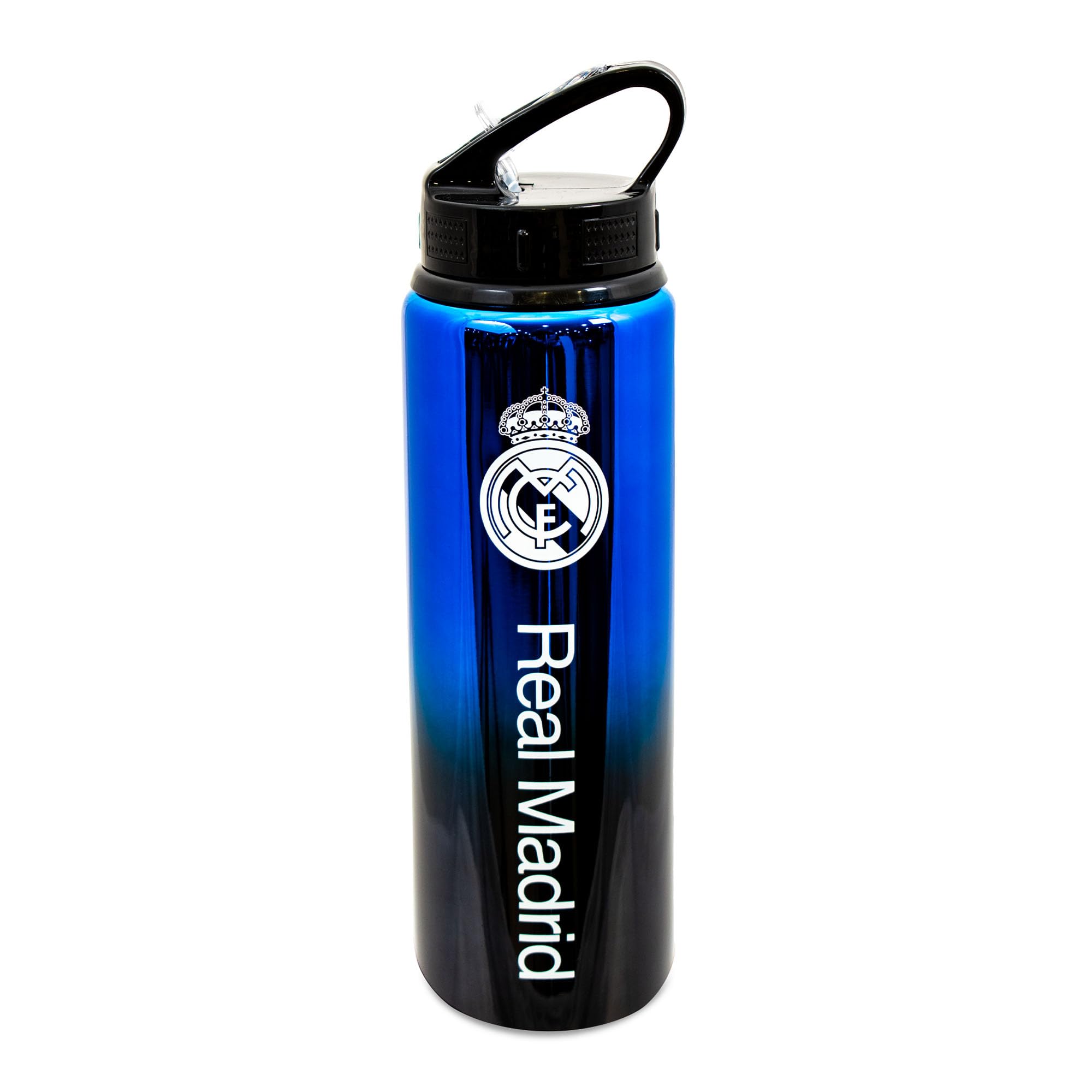 Hy-Pro Officially Licensed Real Madrid CF 750ml Aluminium UV Sports Water Bottle – Real Madrid Water Bottle with Integrated Folding Straw - Neochrome Finish, Leakproof, Lightweight, BPA Free