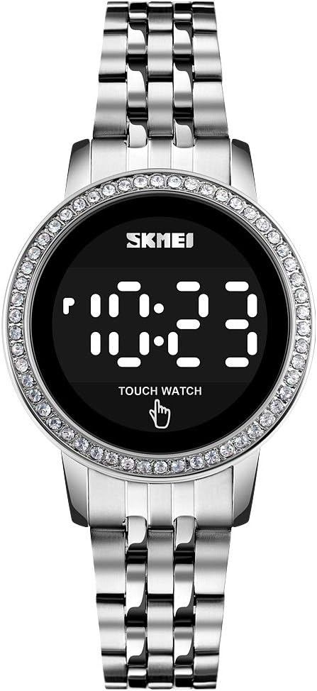 Stainless Steel Digital Watches for Women, LED Touch Screen Bracelet Watches Waterproof Elegant Crystal Wrist Watch Clock for Ladies